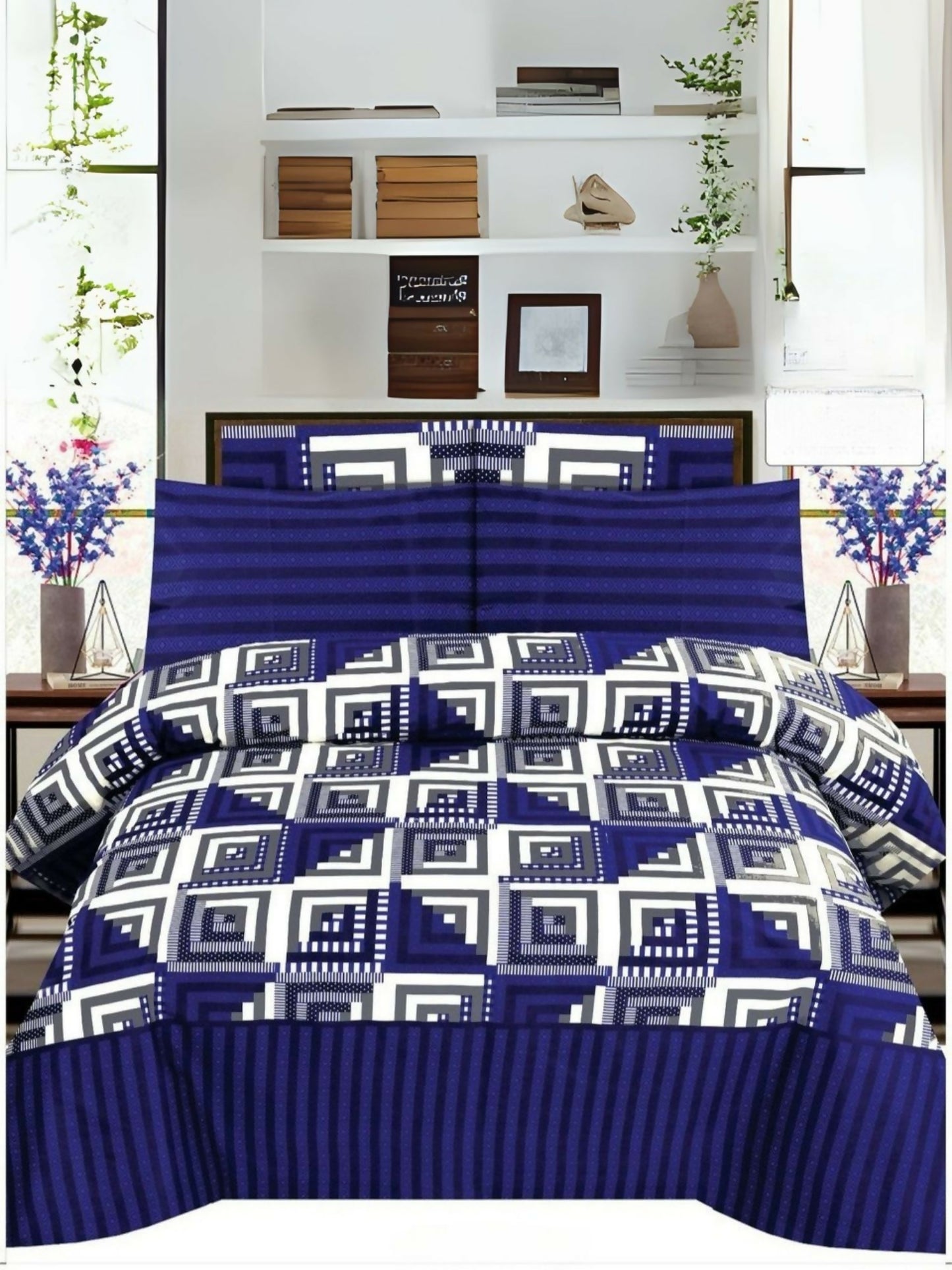 Blue bedsheet comforter set with matching white and blue design pattern, includes one king size comforter, one bedsheet, and four pillow covers.