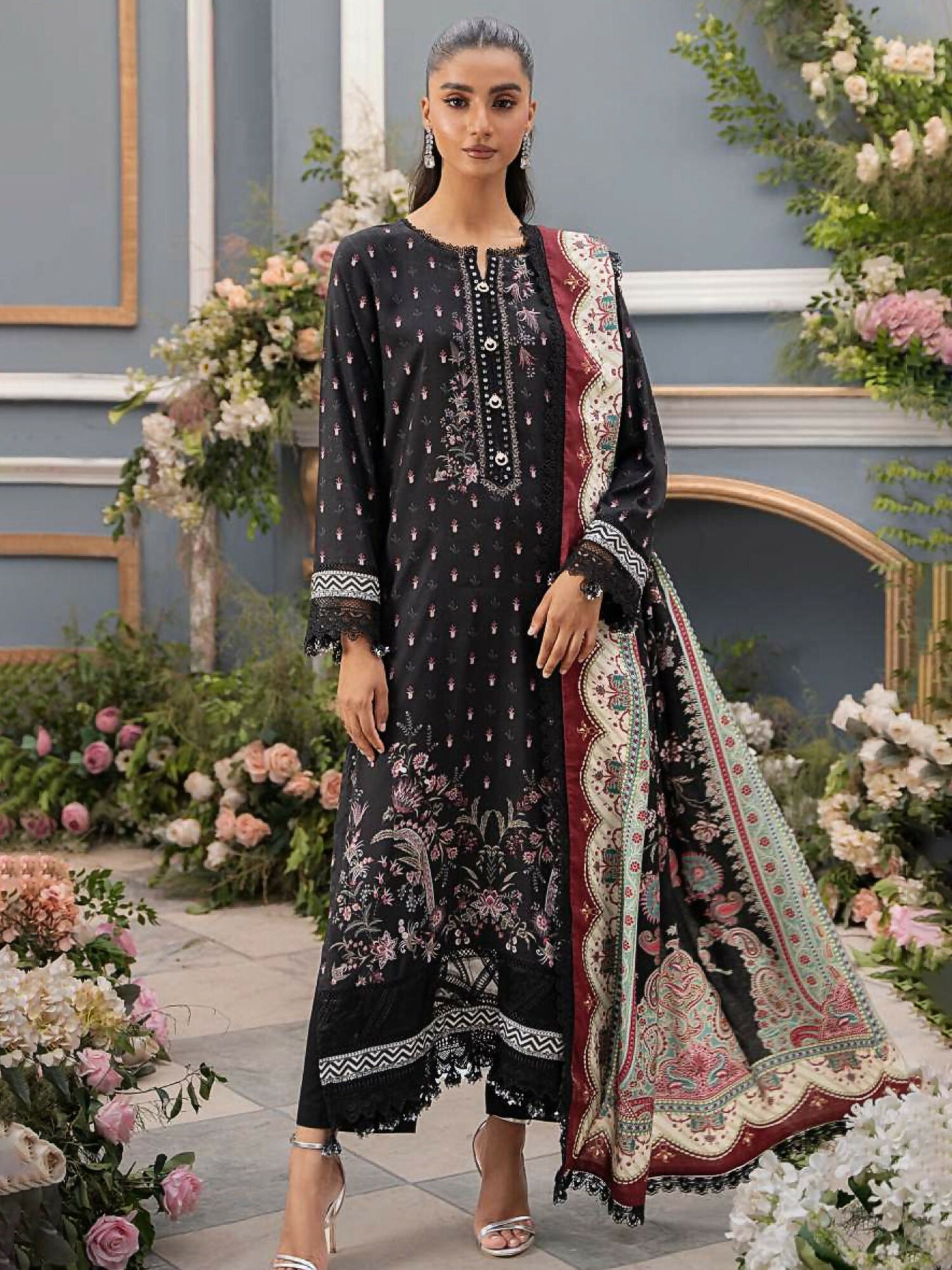 Mausummery unstitched 3-piece suit featuring digital printed Linen Doria shirt and dupatta with dyed linen trouser, ideal for elegant winter wear.