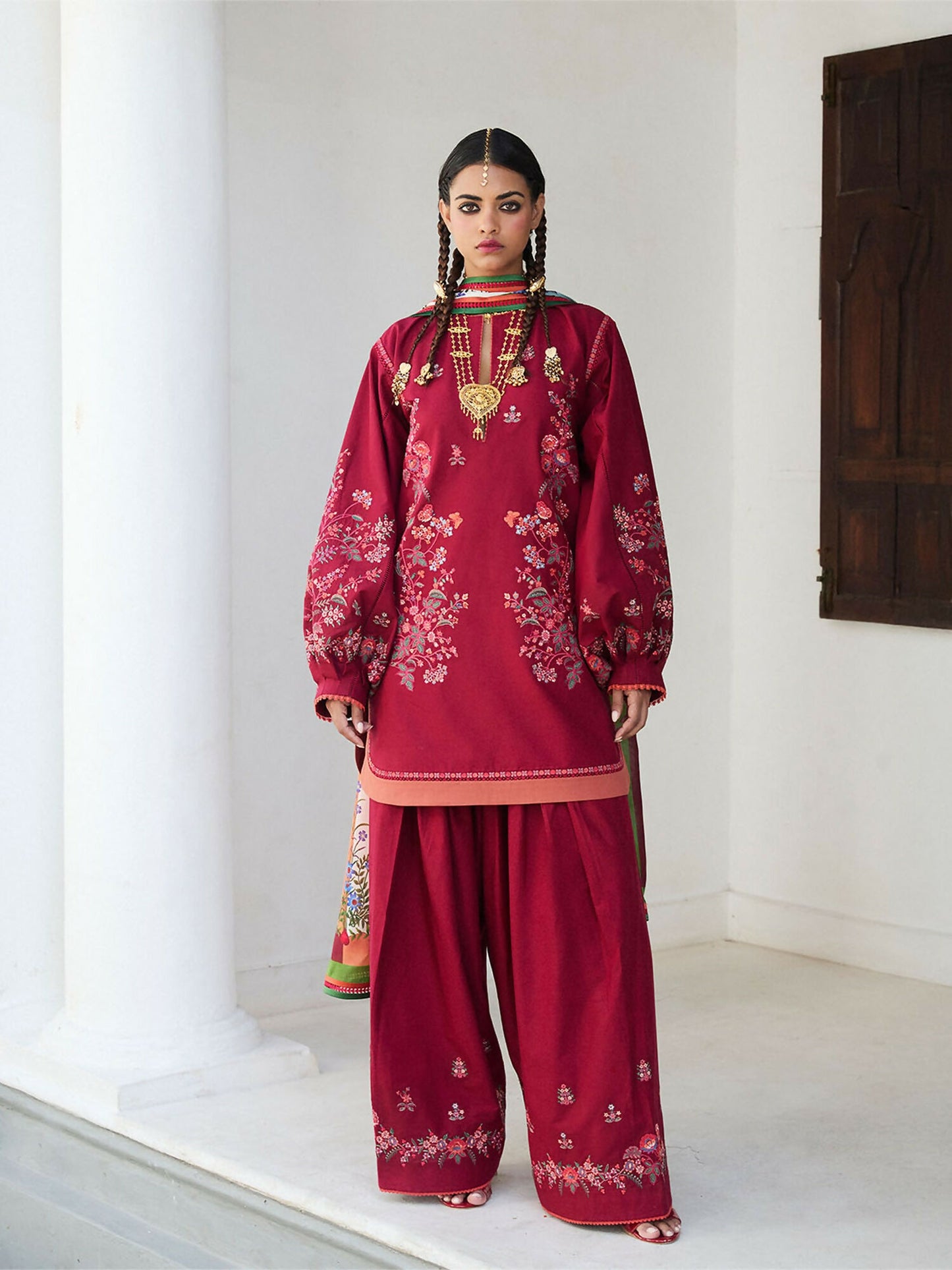 Red Jugnu Lahore Luxury Cotton Embroidered Unstitched 3-Piece Suit-Kunar