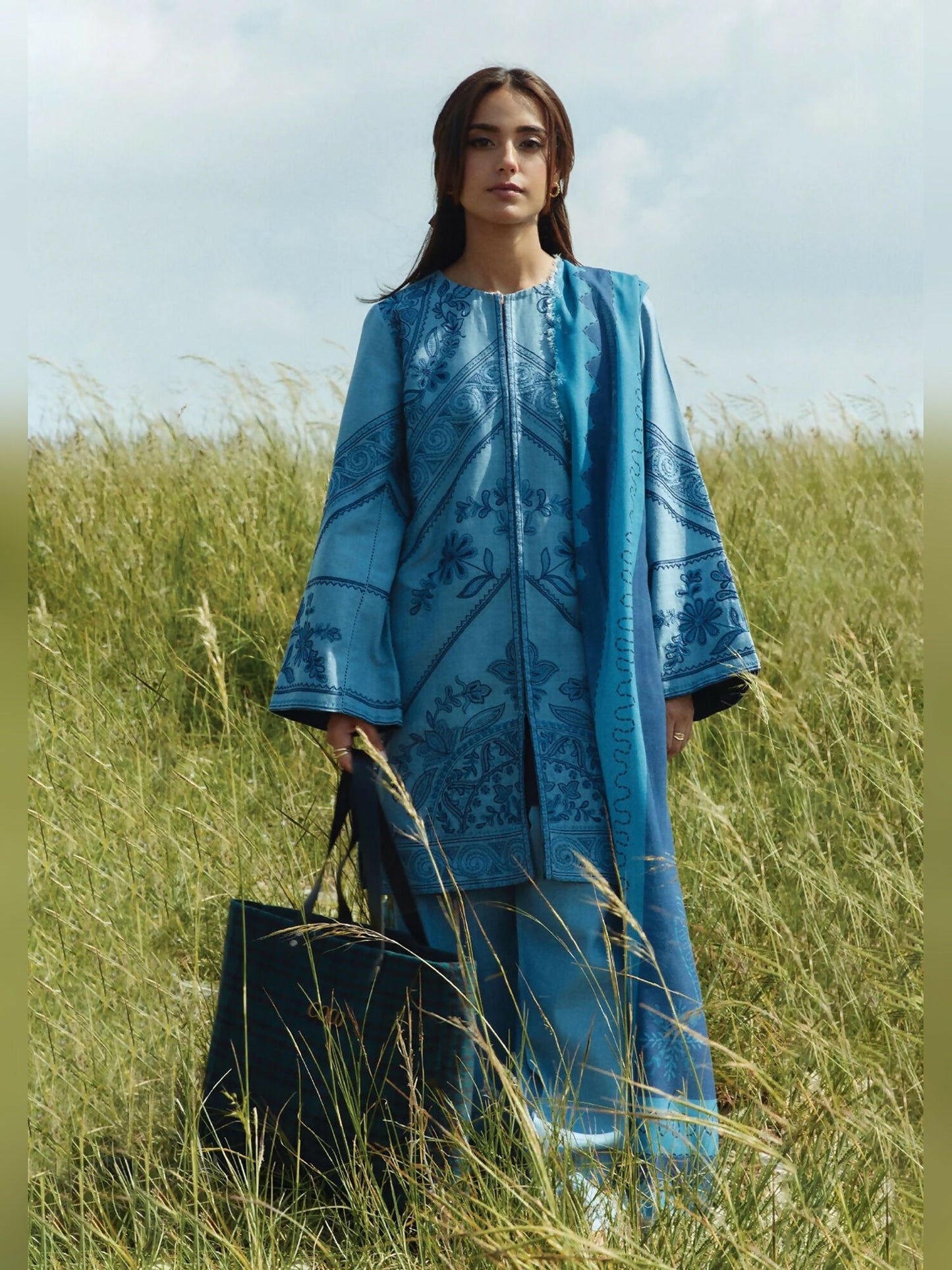 Sky blue embroidered slub khaddar unstitched 3-piece suit with printed shawl by Zara Shahjahan.