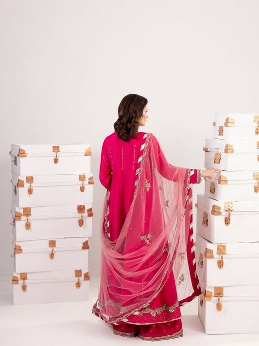 Shurooq Echoes In Bloom Silk Embellished Stitched 3-Piece Suit-Fuschia Flame