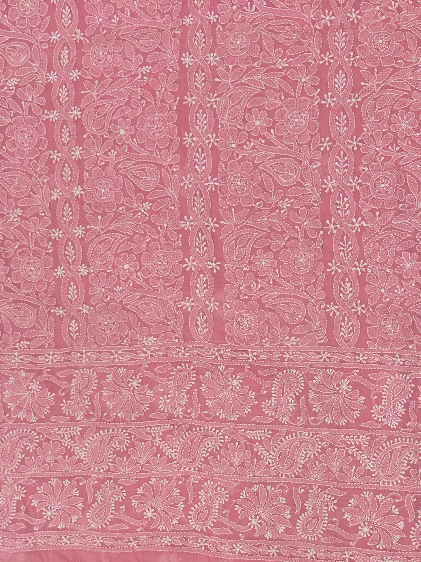 Fehm lawn shirt with fully embroidered Chikankari front, embroidered back with centre motif and booti, and embroidered sleeves with border and booti.