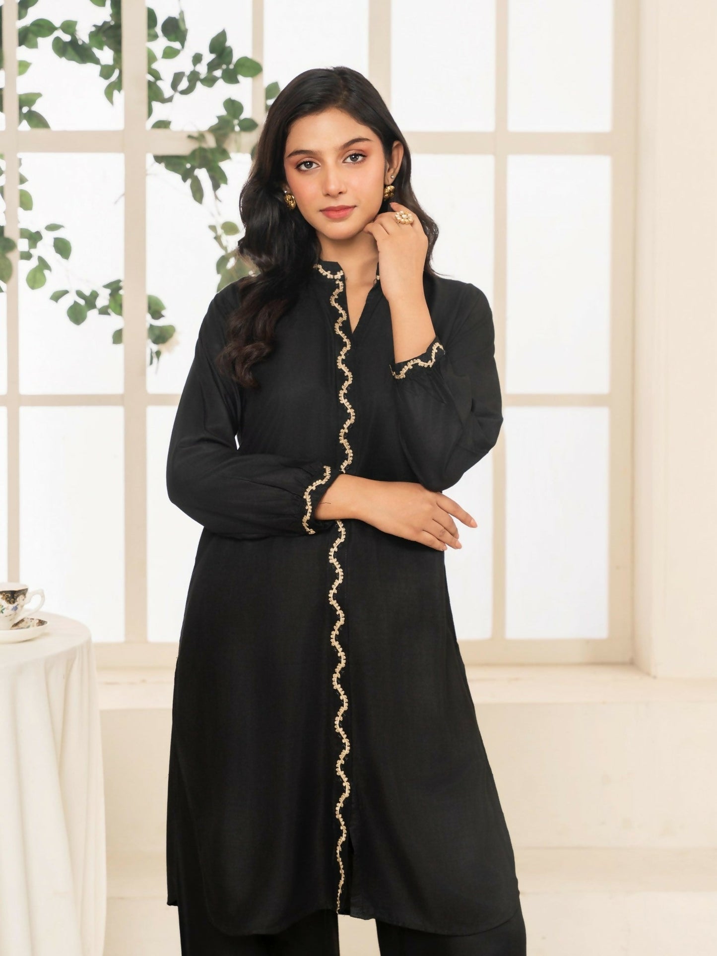 Stylish Collection Aaraish Linen Embroidered Co-Ord Set-Black Ringles