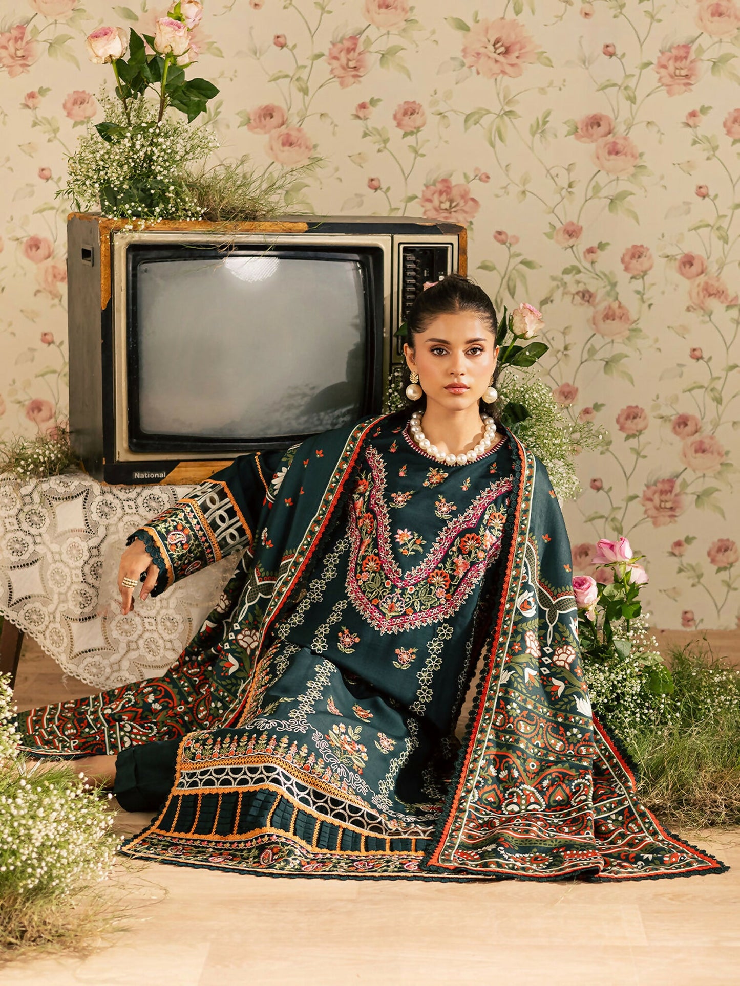 Mahnur Kaia Slub Linen Embroidered Stitched 3-Piece Suit-K- 08