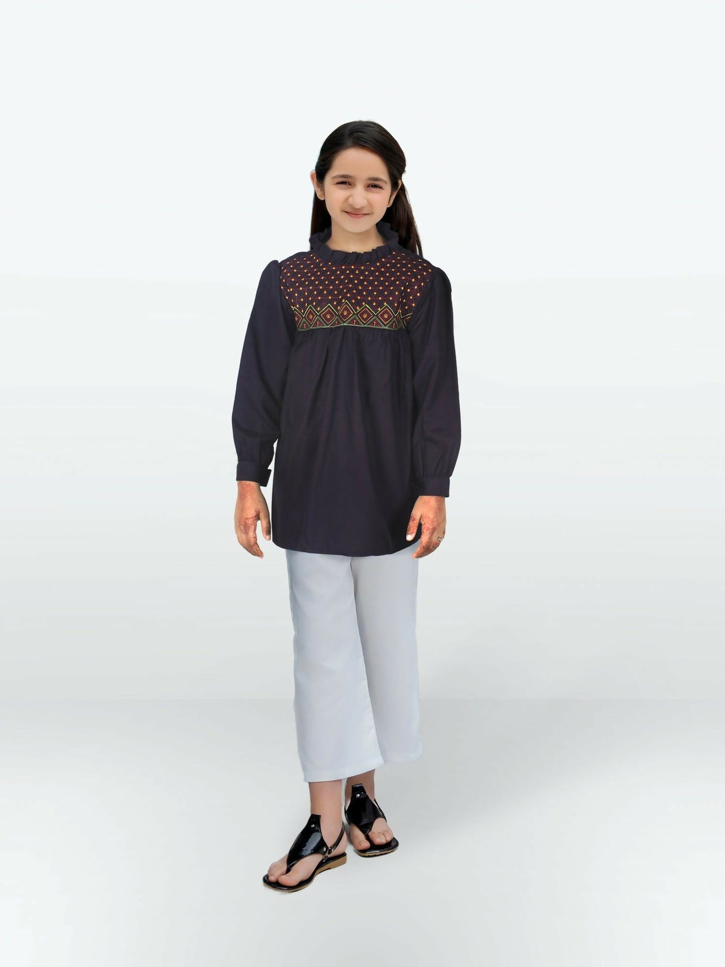 Dark Purple Velvour Girls Embroidered Stitched Tunic-VG129-B