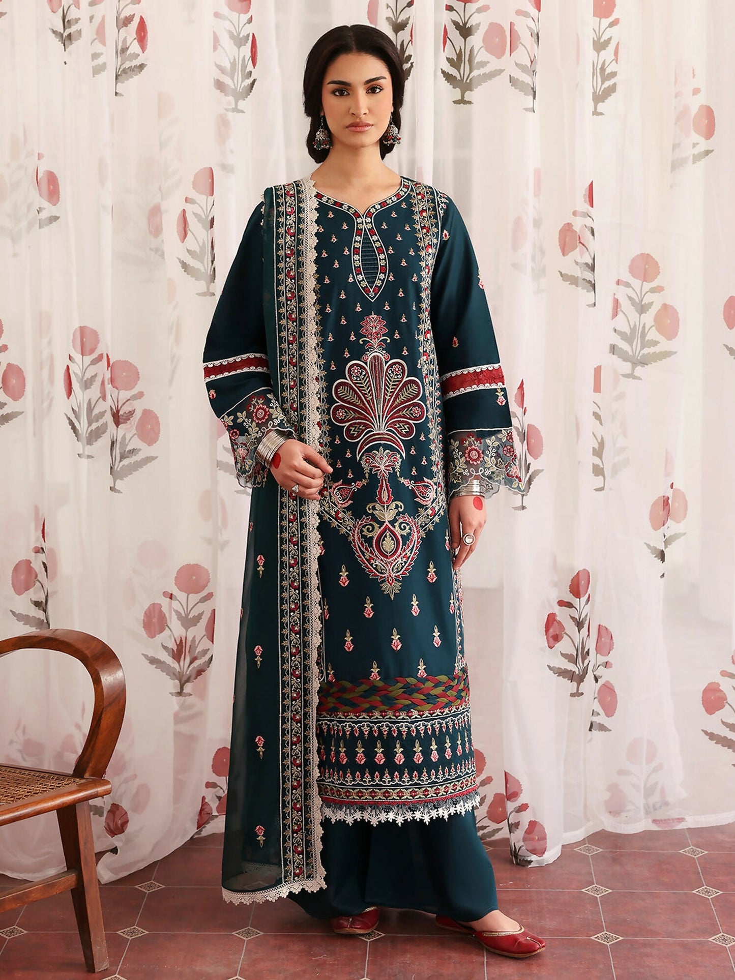 Unstitched 3-piece lawn suit from Mahnur Aangan collection with embroidered shirt, chiffon dupatta, and dyed trouser.