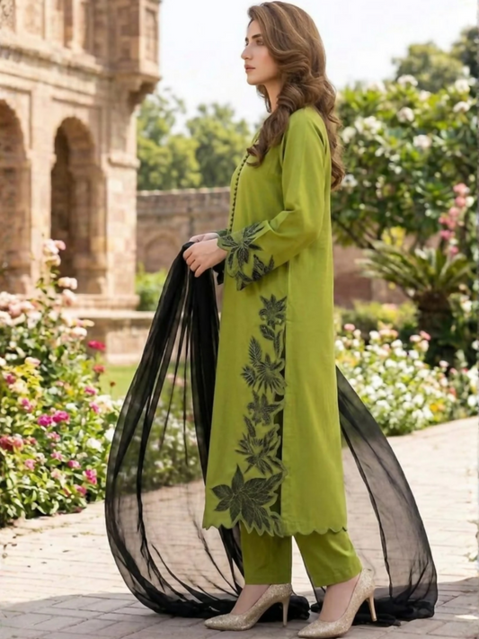Duas Boutique Linen Embroidered Stitched 3-Piece Suit-Haryali