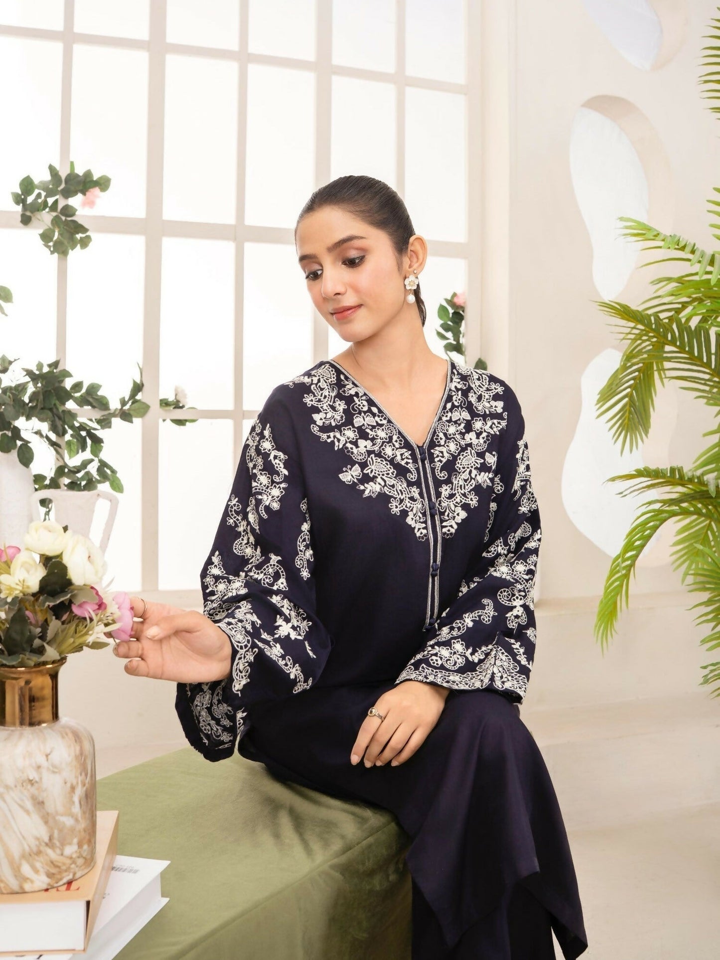 Stylish Collection Aaraish Linen Embroidered Stitched 2-Piece Suit- Blue Garnet