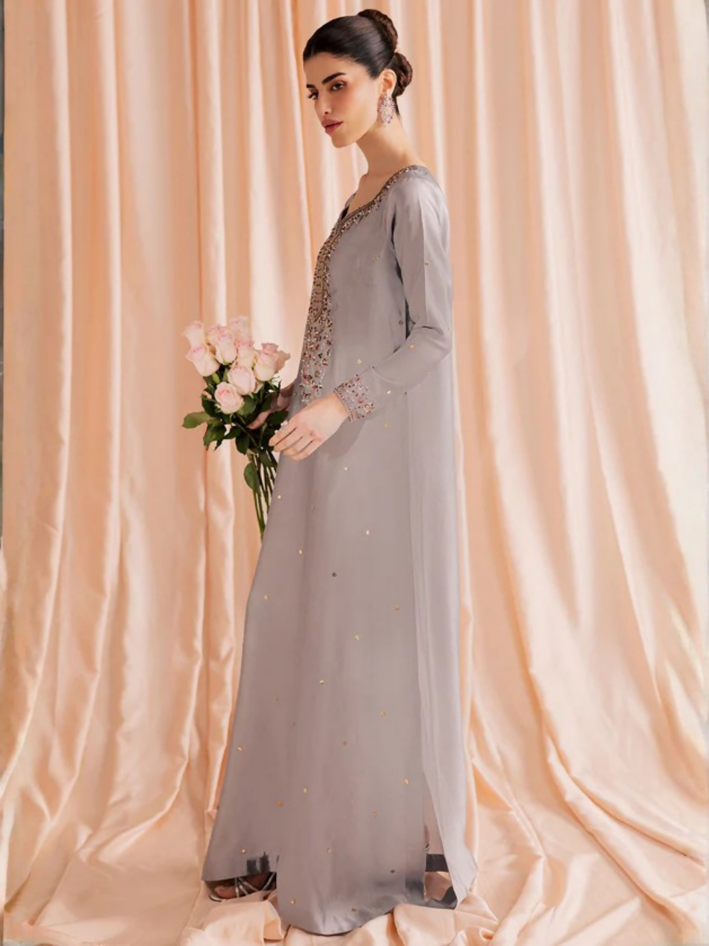 Allure By IH Silver Night Tussel Silk Embroidered Kaftan Set-Ether