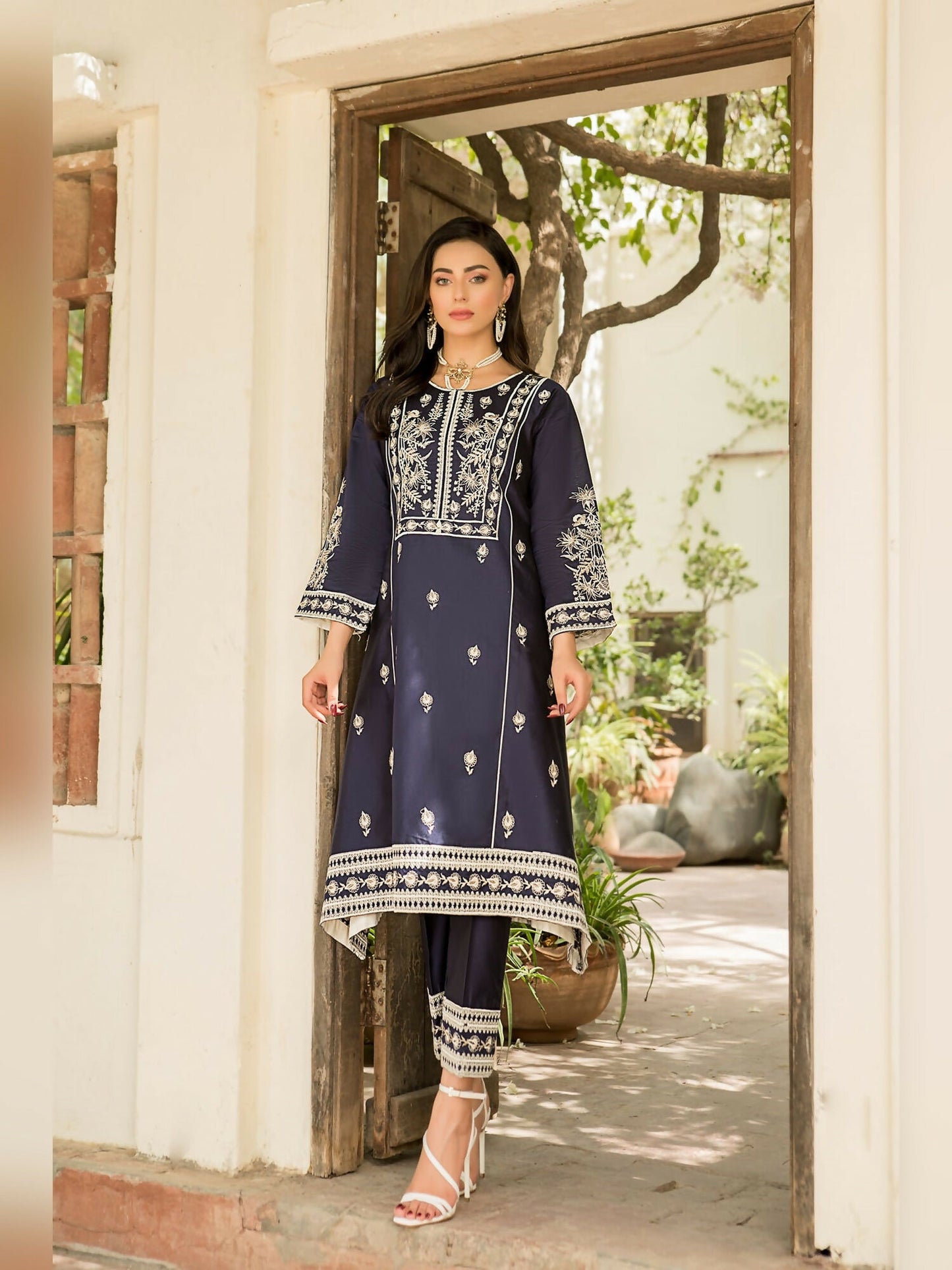 Panache Apparel Chambray Katan Embroidered Stitched 2-Piece Suit-Aroosh