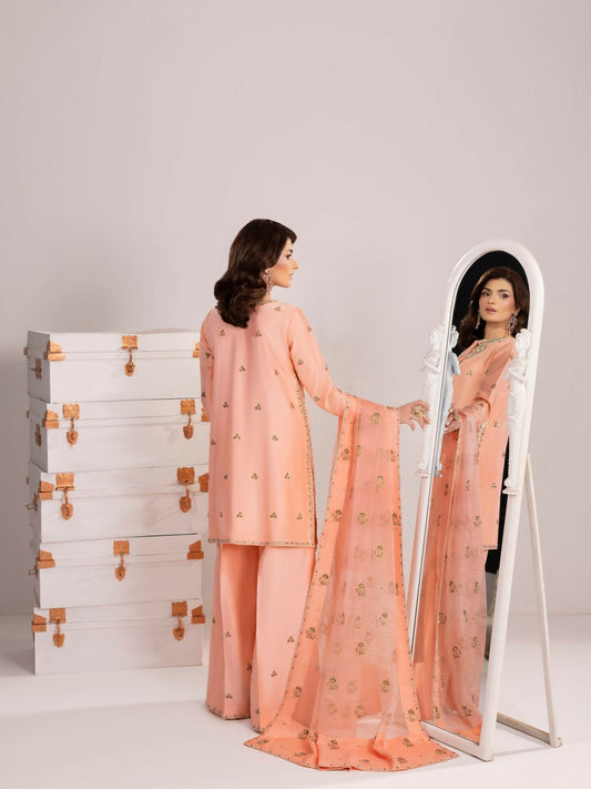 Shurooq Echoes In Bloom Silk Embellished Stitched 3-Piece Suit-Blush Dawn