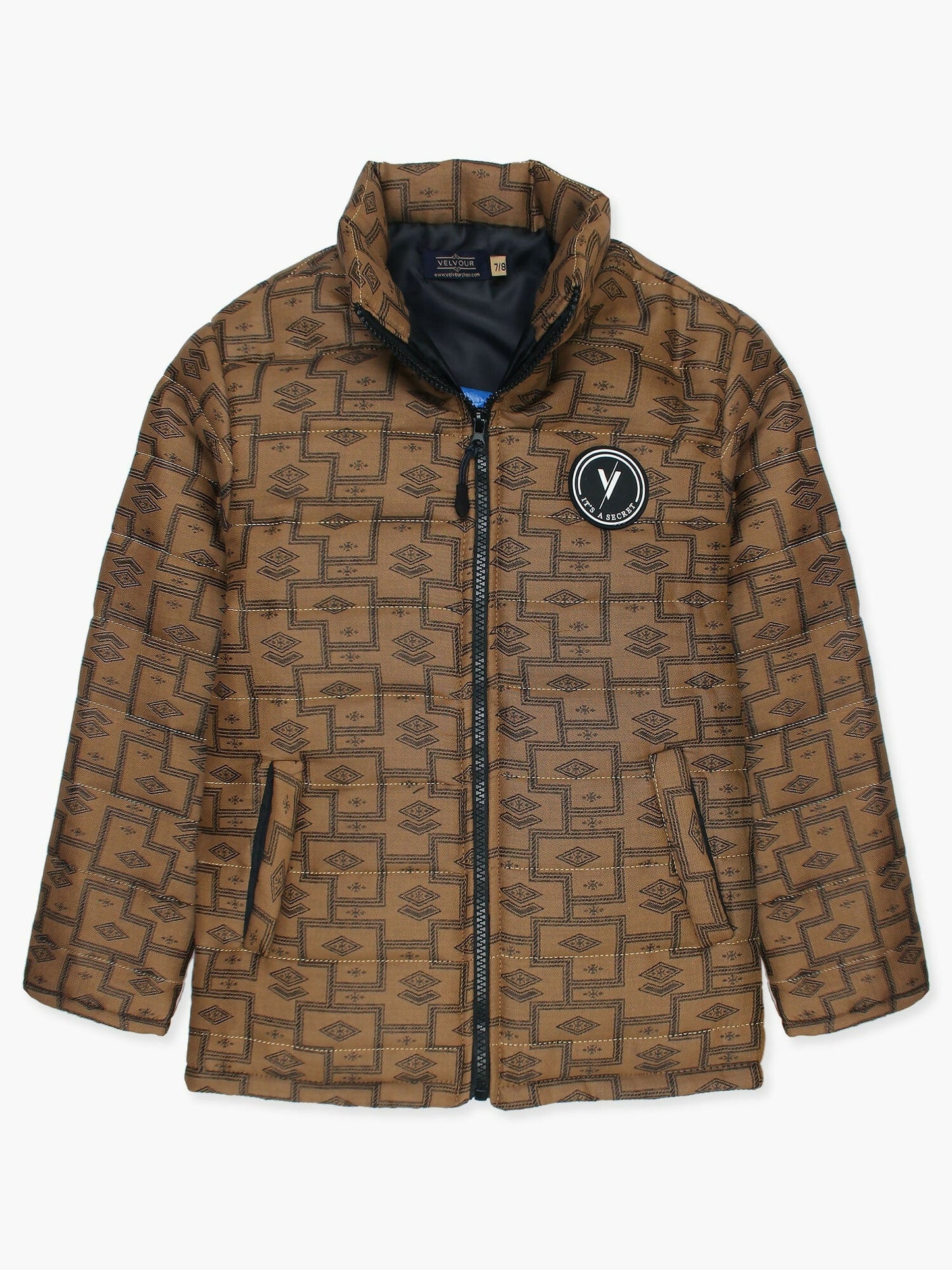 Brown Velvour Printed Puffer Jacket-VJ50-A