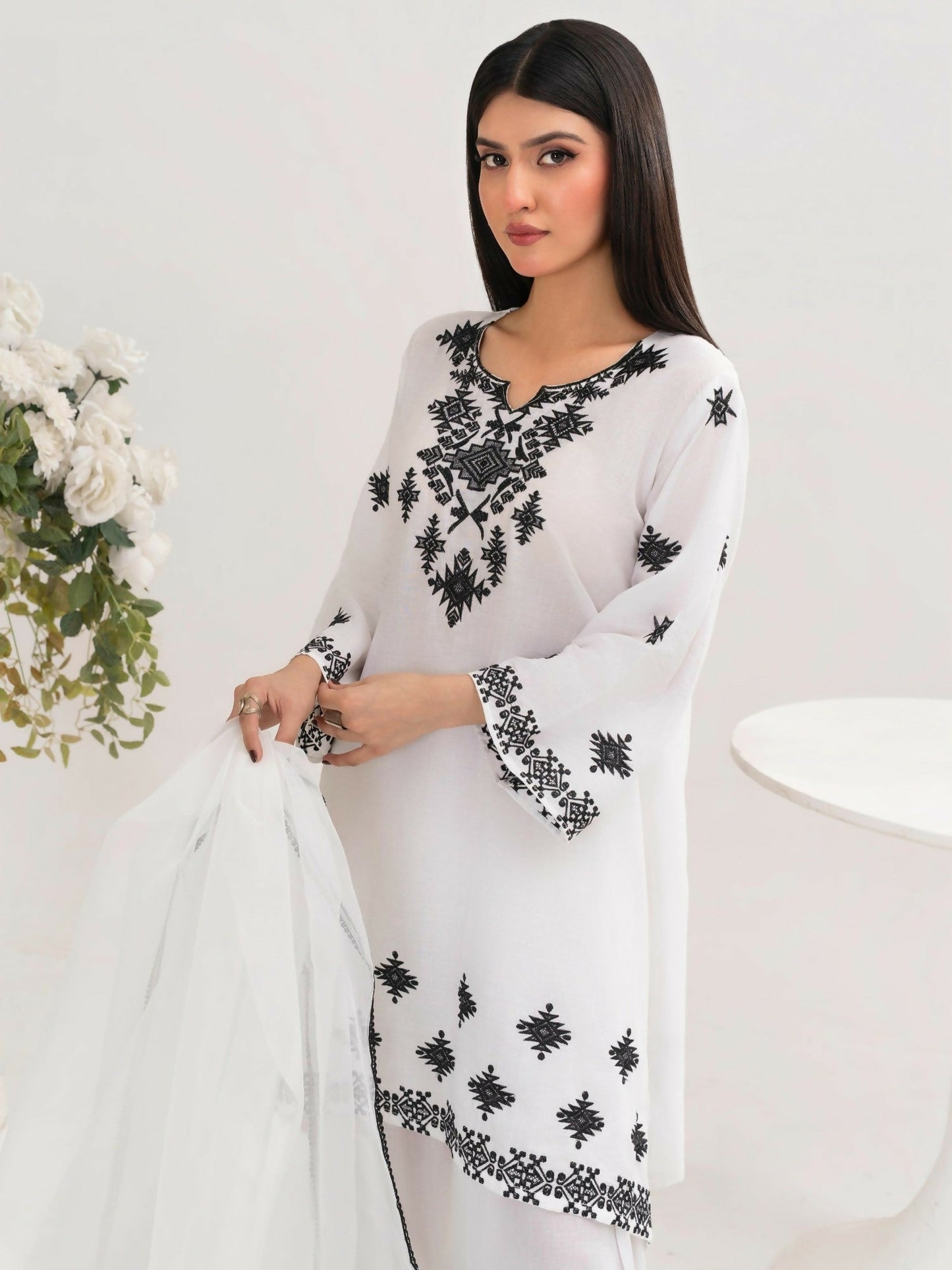 Stylish Collection Saya Pret Cotton Embroidered 3-Piece Suit-White Charm