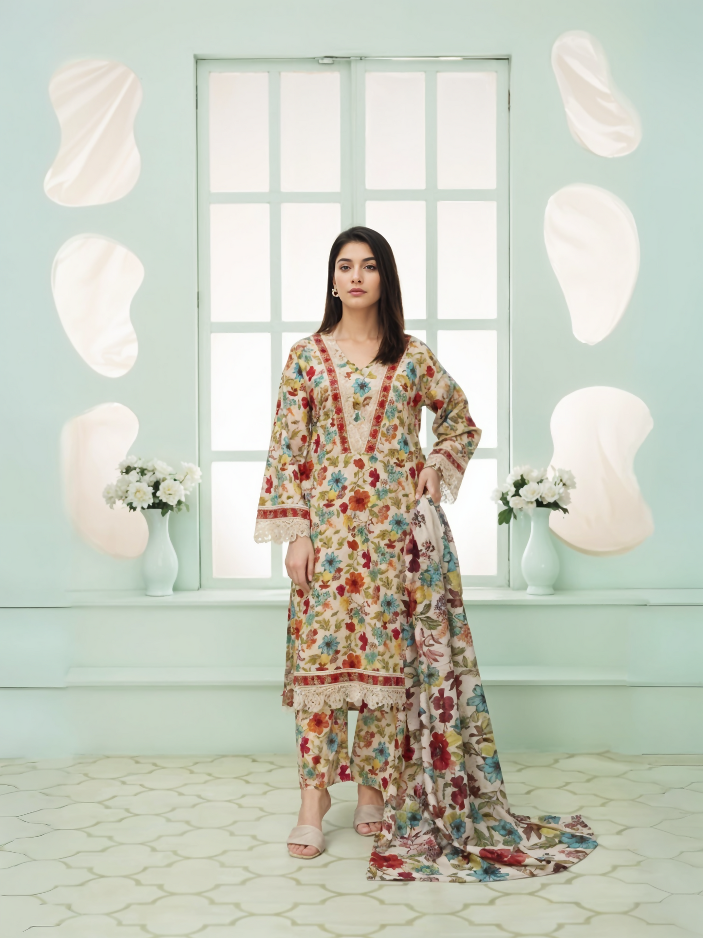 White and Red Masoori Summer Lawn 3-Piece Stitched - 03