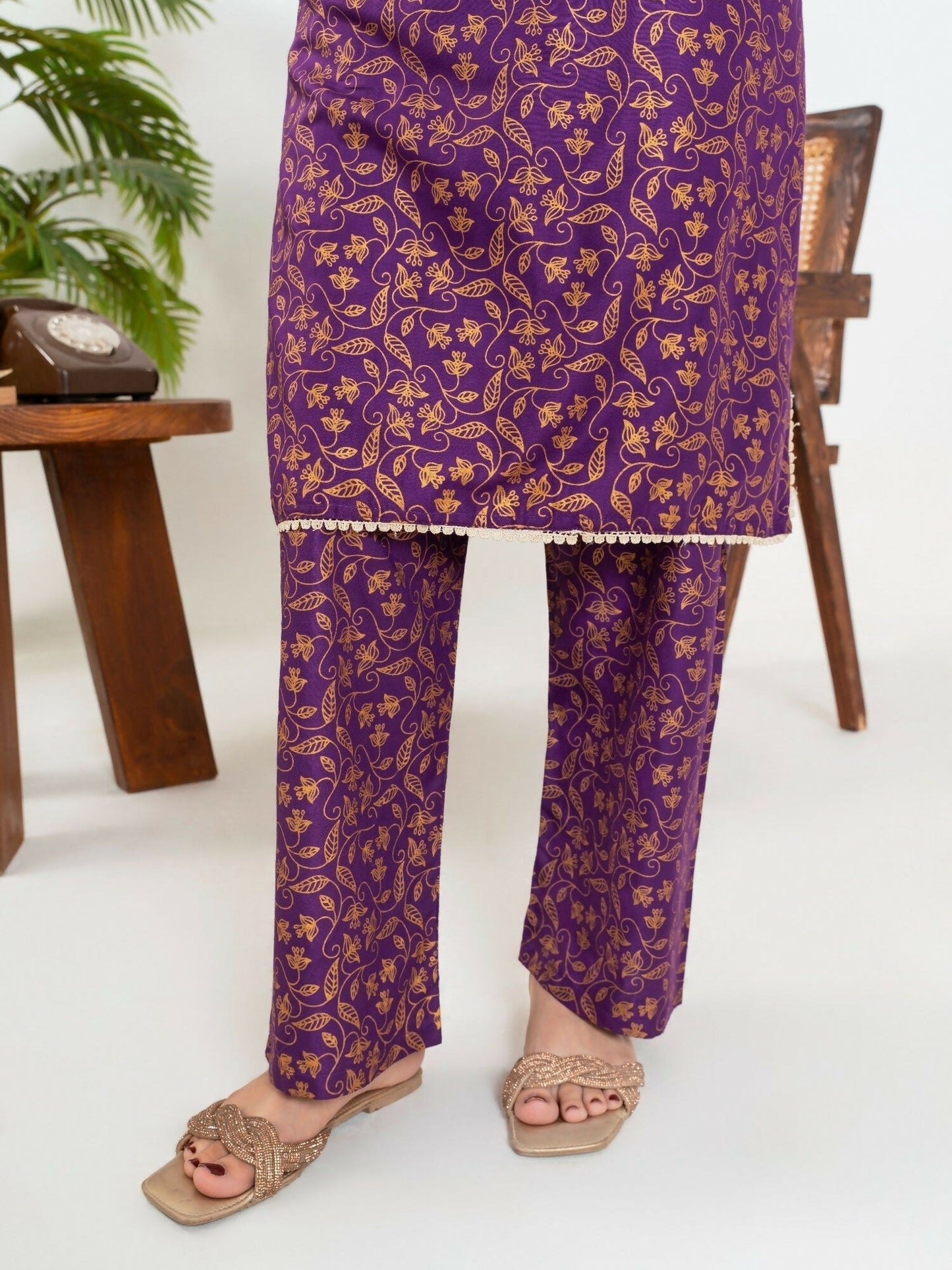Stylish Collection Enchant Pret Linen Printed Co-Ord Set-Leaf Purple