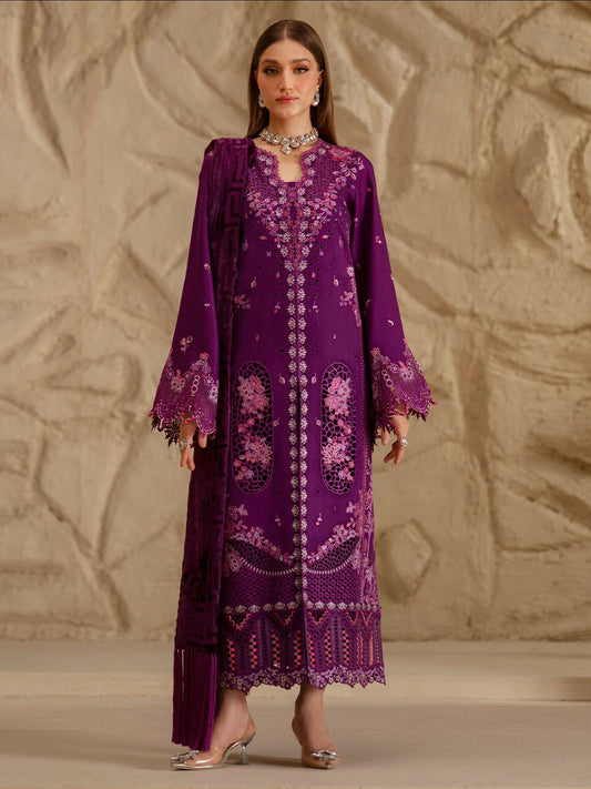 A stylish unstitched 3-piece suit by Bin Ilyas, combining a dyed Kotrai embroidered shirt, a plain Kotrai trouser, and a Palachi shawl. 162-B
