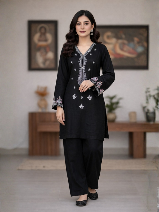 MAK Fashion Khaddar Embroidered Stitched 2-Piece Suit-Black Night