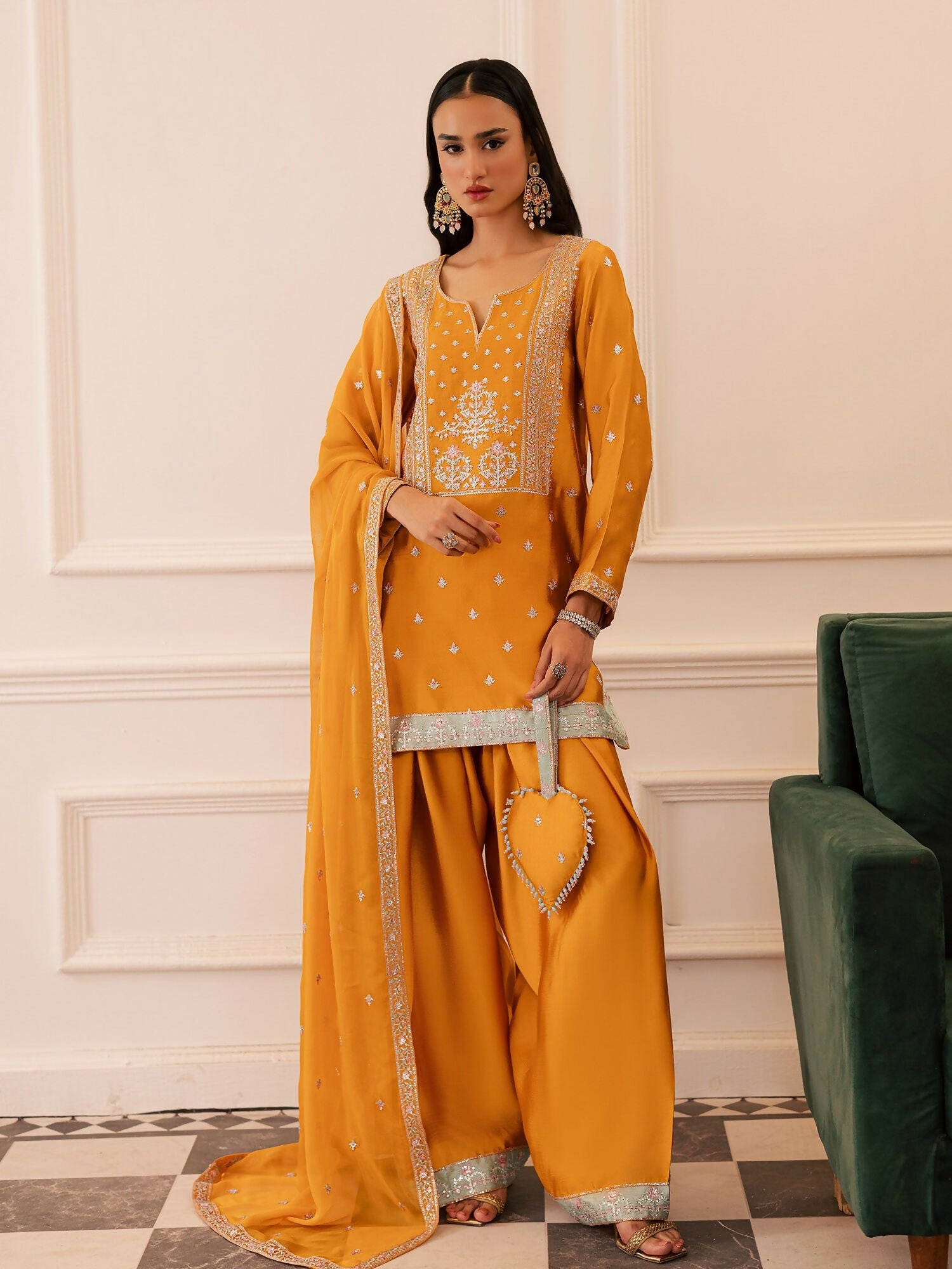 Allure By IH Be-My-Guest Thai silk Embellished Stitched 3-Piece Suit-Honey Burn