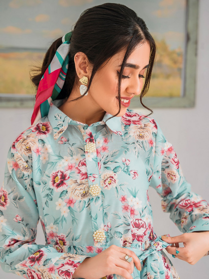 Panache Apparel Chambray Katan Printed Stitched 2-Piece Suit-Camellia