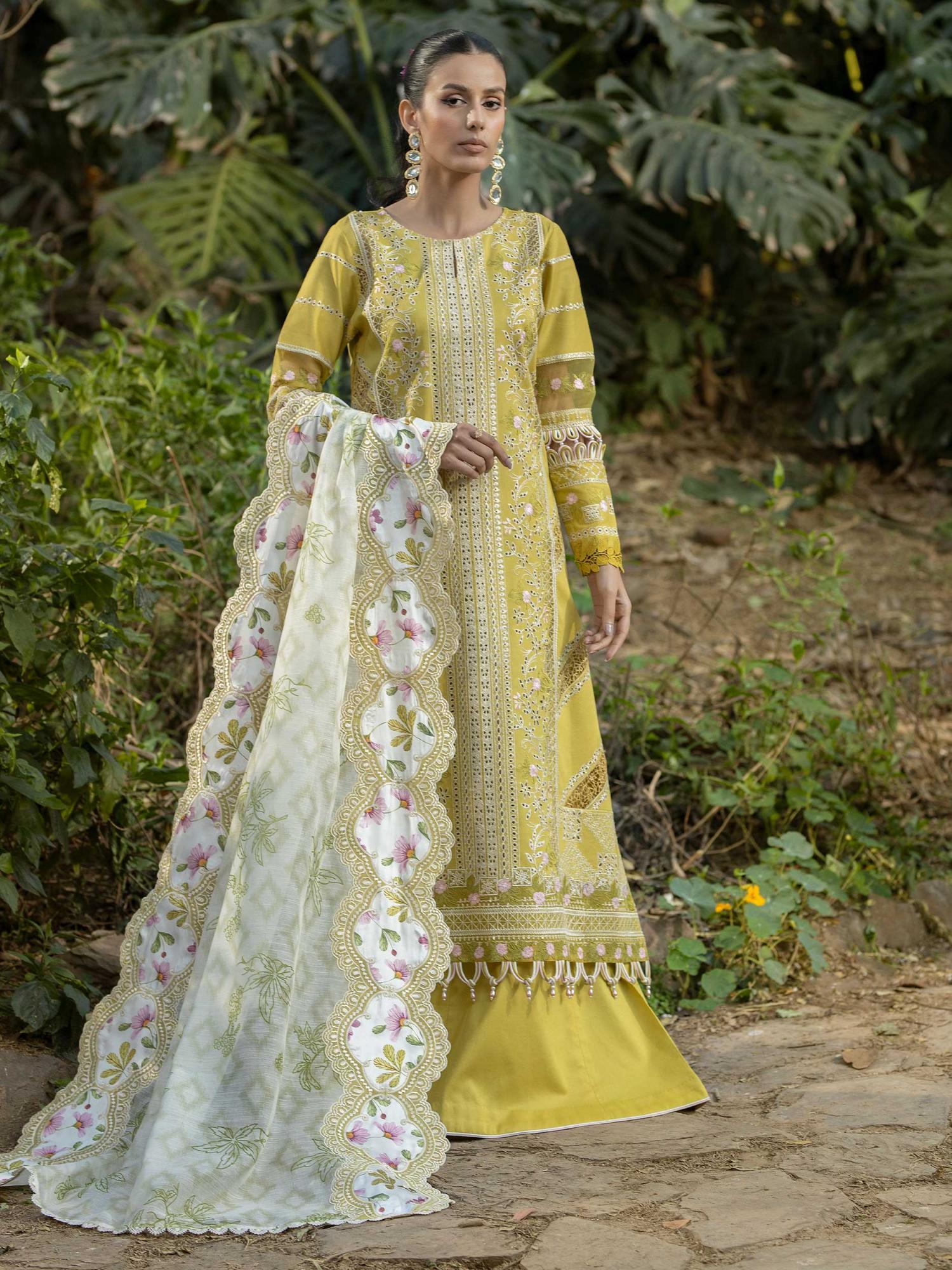 Yellow Rabazka Lawn Embroidered Unstitched 3-Piece Suit-WUS-SV1-25-LUX-05