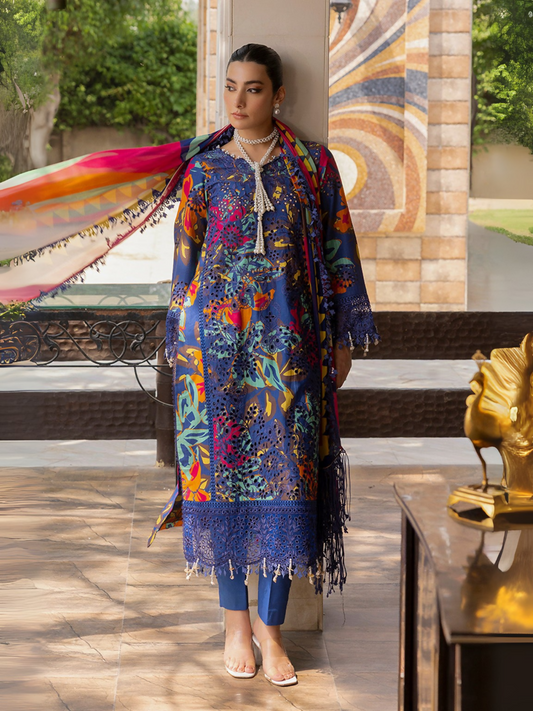 Woman wearing an unstitched 3 piece suit with chikankari embroidered lawn shirt, chiffon dupatta, and cotton trouser.