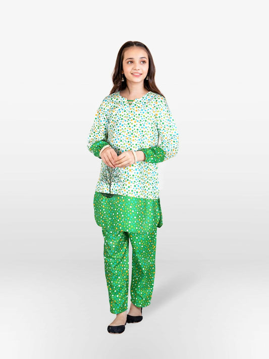 Green aand Multi Polka Dots Velvour Girls Embroidered Stitched 2-Piece Suit-VG115