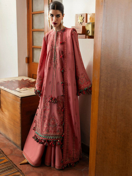Carrot Pink Hussain Rehar Luxury Karandi Embroidered Unstitched 3-Piece Suit-Tulle
