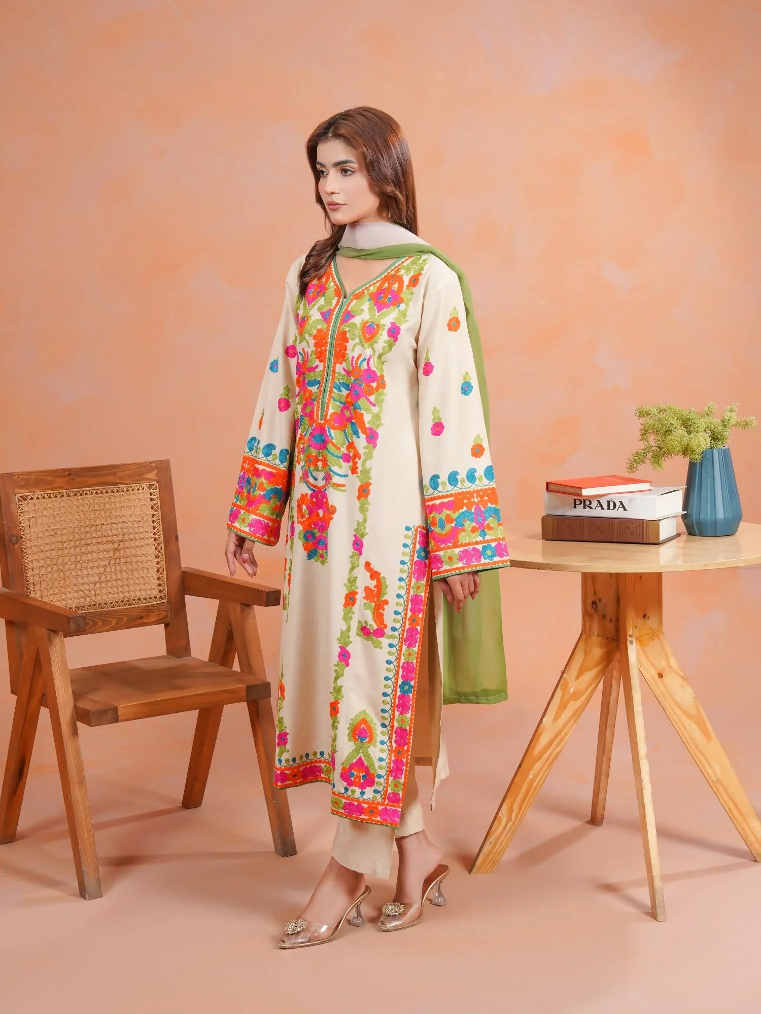 Zeephire Linen Embroidered Stitched 3-Piece Suit-Multi Beige