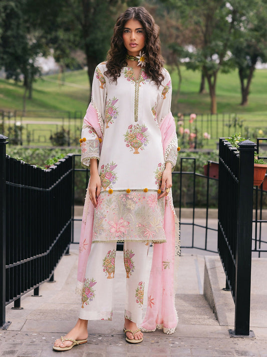 Unstitched 3-piece suit from Mahnur Broadway Luxury Lawn featuring a printed lawn shirt with embroidered borders, embroidered dupatta, and printed trouser.