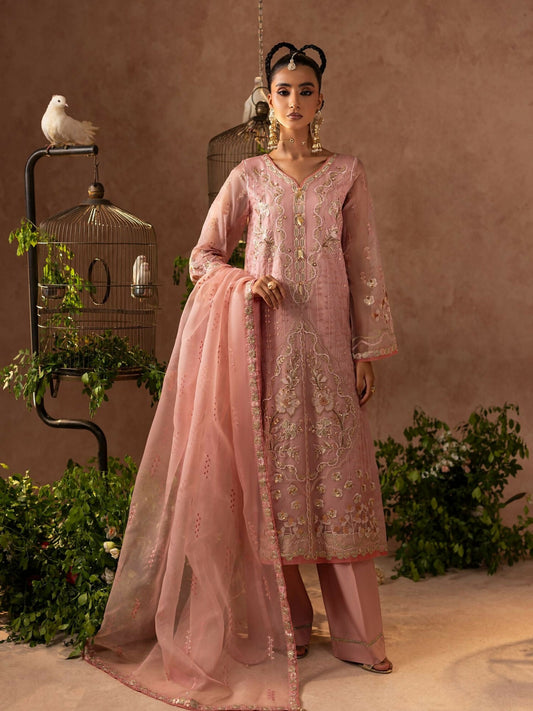 Shurooq Geet Organza Embroidered Stitched 3-Piece Suit-Heer