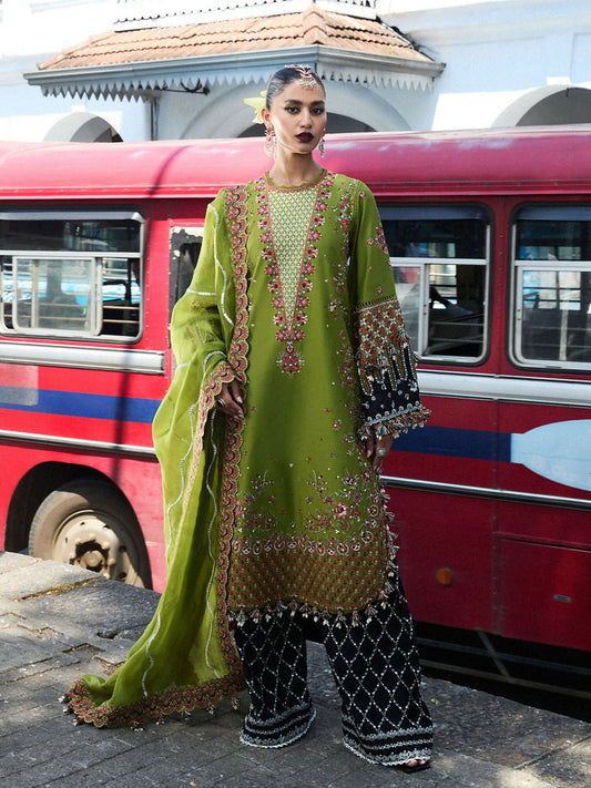 Hussain Rehar stitched 3-piece suit featuring an olive green lawn shirt with intricate white and monotone embroidery, cotton trouser with embroidered border, and organza dupatta with embroidery.