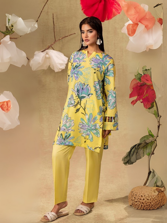 Unstitched 2-piece suit with yellow floral printed shirt and plain dyed yellow trouser, ideal for casual wear.