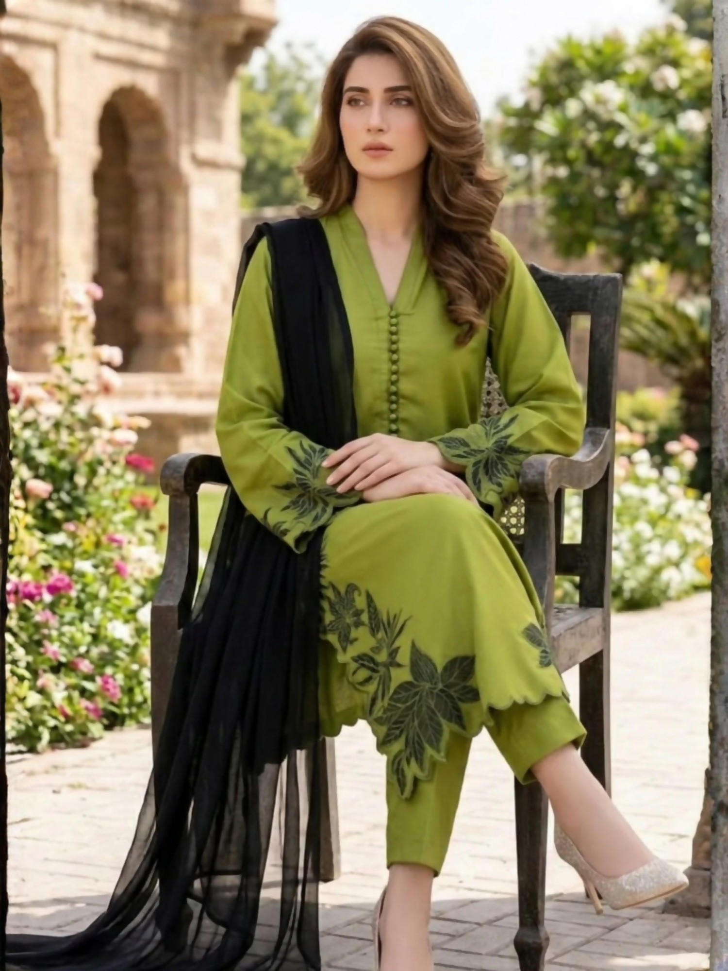 Duas Boutique Linen Embroidered Stitched 3-Piece Suit-Haryali