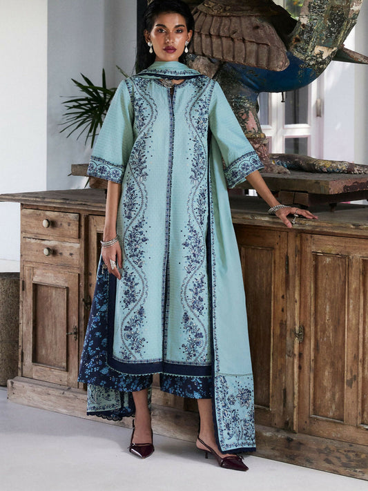 Ice Blue Hussain Rehar Luxury Lawn Embroidered Stitched 3-Piece Suit-Nesta