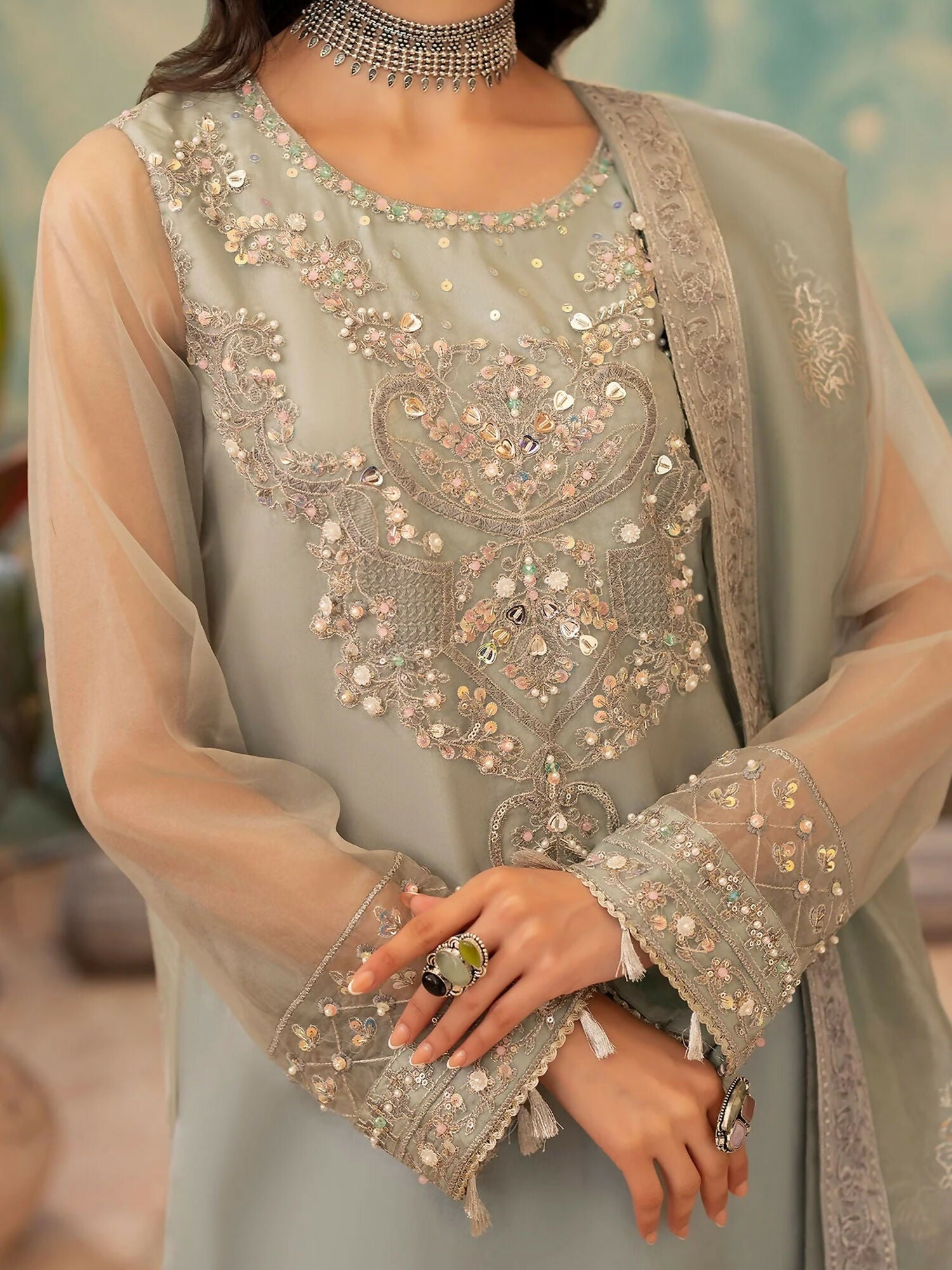 Shurooq Kanpur 1912 Organza Embellished Stitched 3-Piece Suit-Chandni Chowk