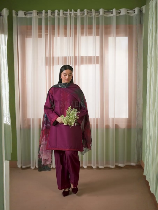 Mannat Clothing Summer-Sky Lawn Embroidered Stitched Suit-Plum