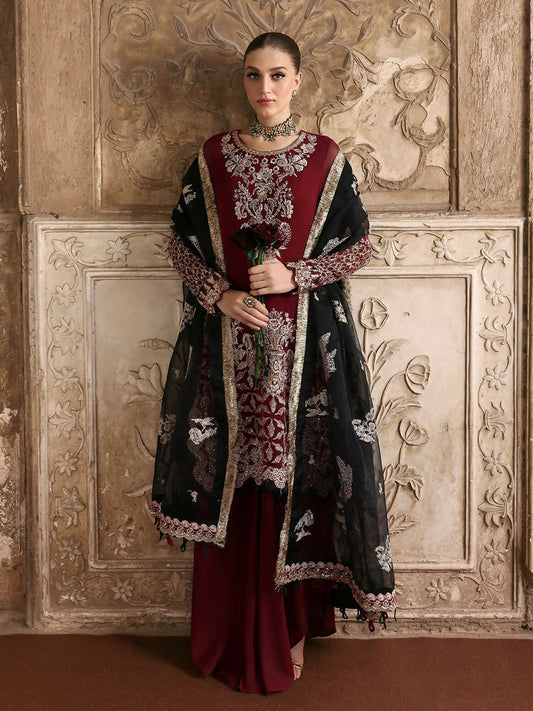 Dark Red and Black Parishay Jahanara Luxury (Formals) Chiffon Embroidered Unstitched 3-Peice Suit-JRA - 04
