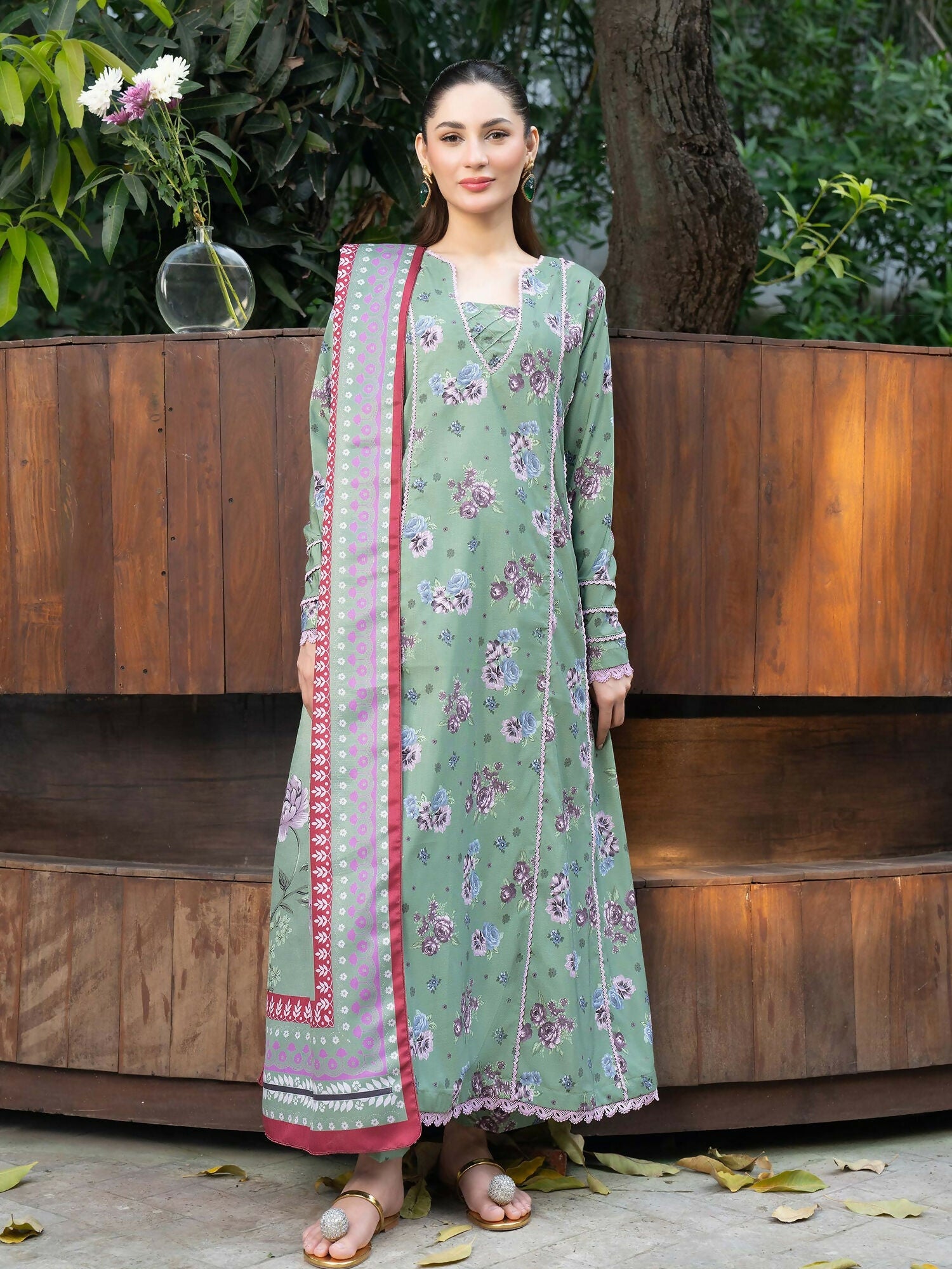 Panache Apparel Mah-e-Noor Khaddar Printed Stitched Suit-Pistachio Bloom