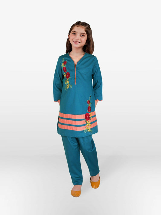 Teal Blue Velvour Girls Embroidered Stitched 2-Piece Suit-VG76-B
