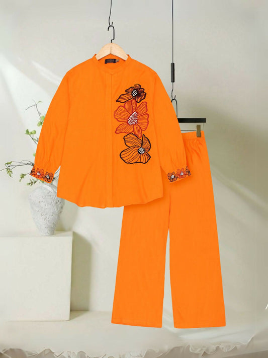 Orange Velvour Girls Printed Co-ord Set-VG135-B