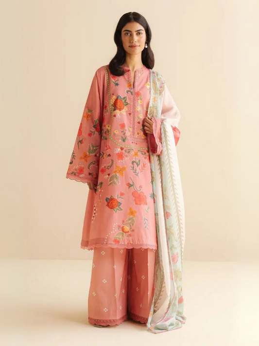 Unstitched 3-piece printed suit with pink embroidered lawn shirt, minimal cambric trouser, and blush white silk dupatta.