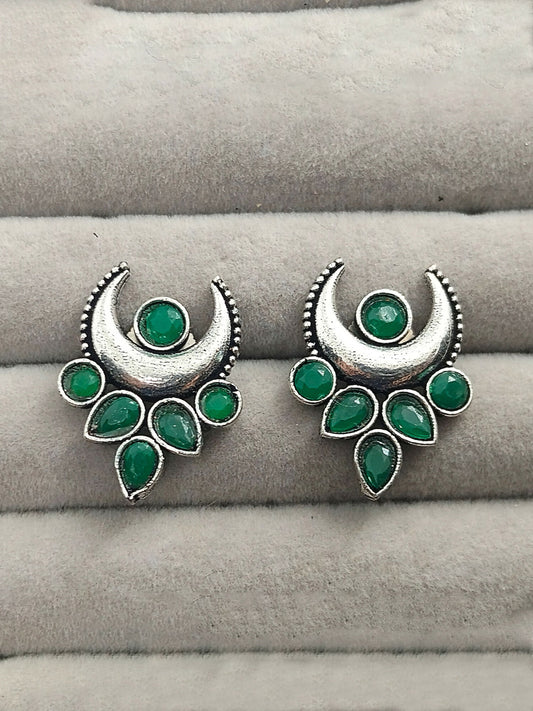 H&A Jewellery oxidised crescent moon stud earrings with green stones in round and teardrop design