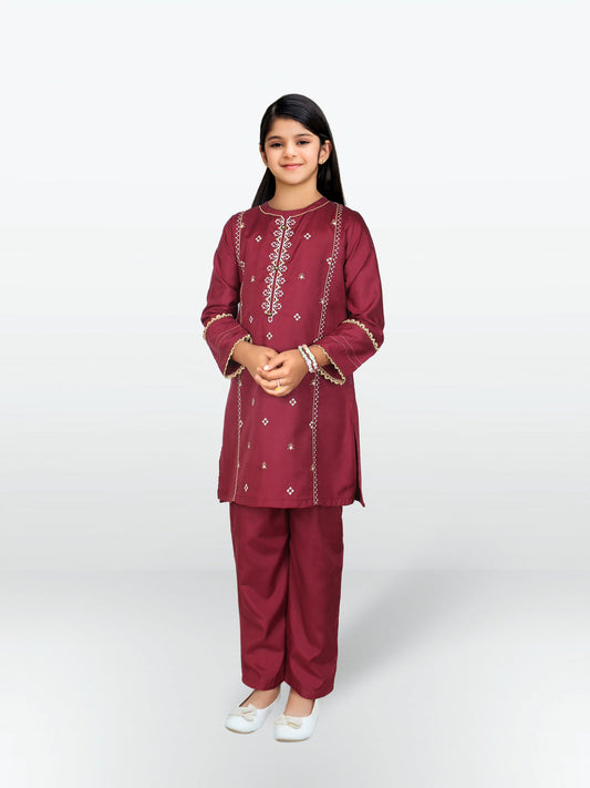Velvour Girls Viscose Embroidered Stitched 2-Piece Suit-VG87-C