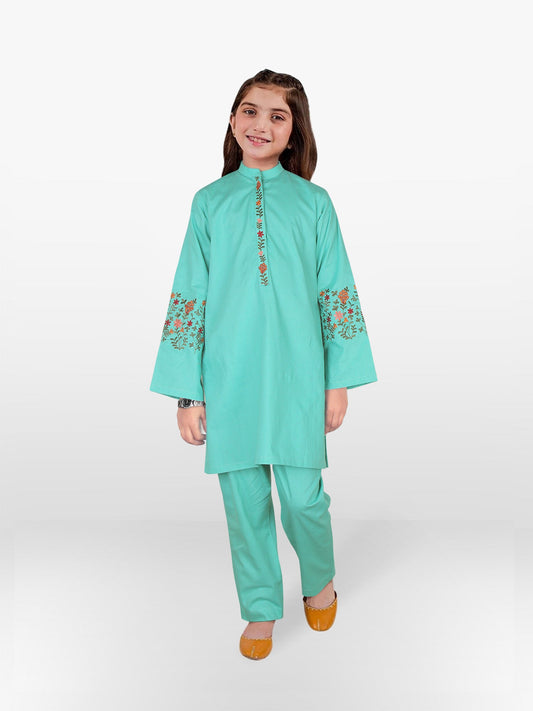 Velvour Girls Cotton Embroidered Stitched 2-Piece Suit-VG91-A
