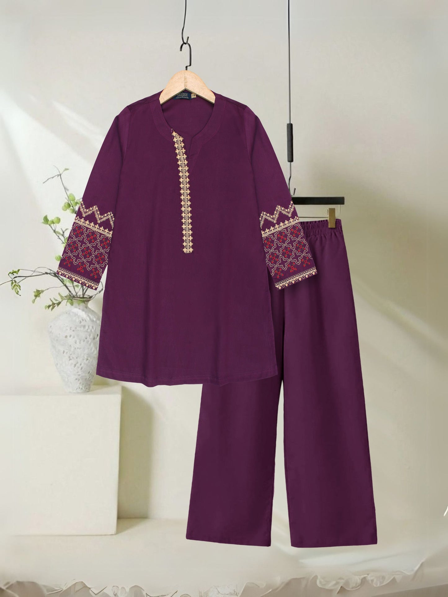 Velvour Girls Cotton Embroidered Stitched 2-Piece Suit-VG136-A