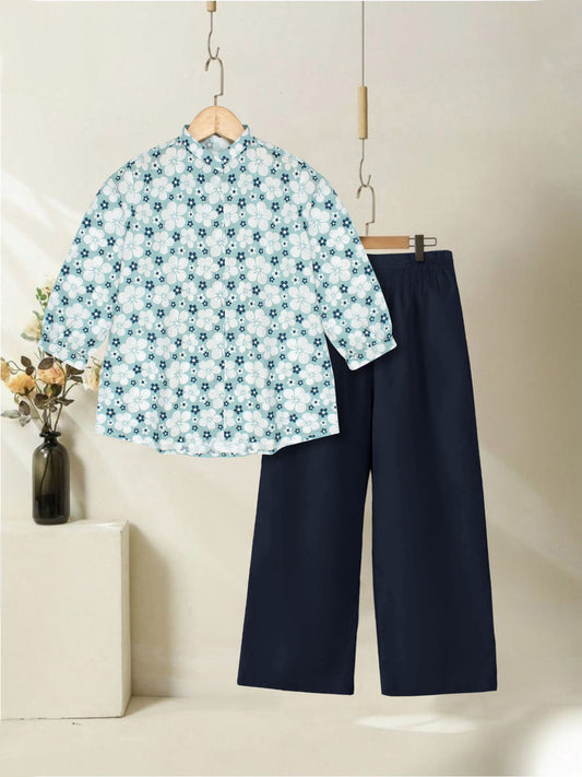 White Blue Velvour Girls Cotton Printed Co-Ord Set 2-Piece Suit-VG144-A