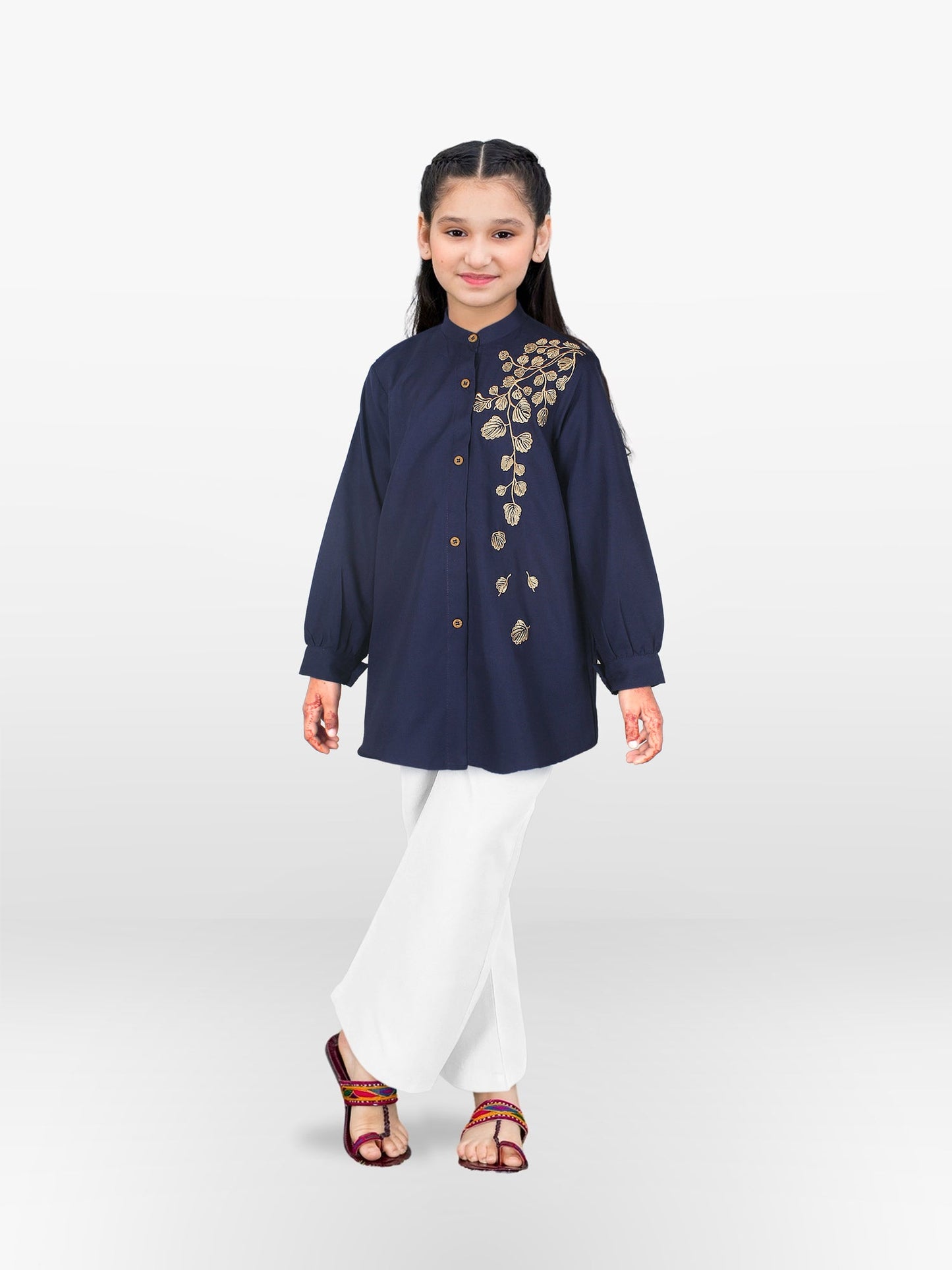Blue Velvour Girls Cotton Embroidered Stitched Tunic-VG120-B
