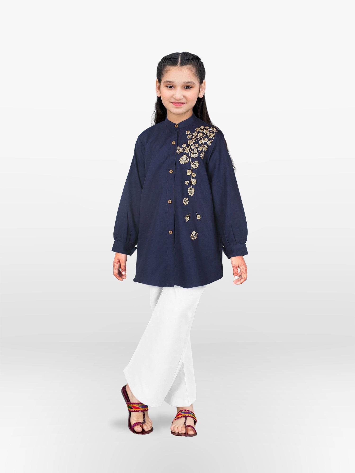 Blue Velvour Girls Cotton Embroidered Stitched Tunic-VG120-B