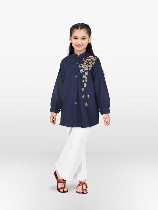 Blue Velvour Girls Cotton Embroidered Stitched Tunic-VG120-B