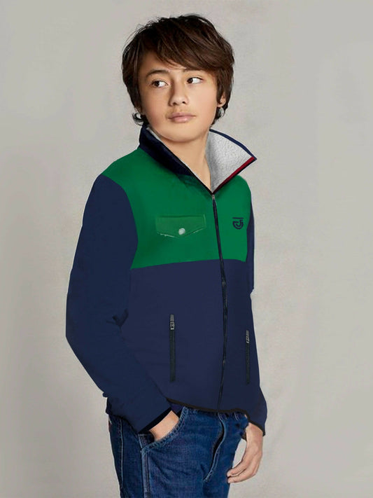 Kids’ standing collar fleece jacket with sherpa lining, full zip closure, side zip pockets, and snap button front flap